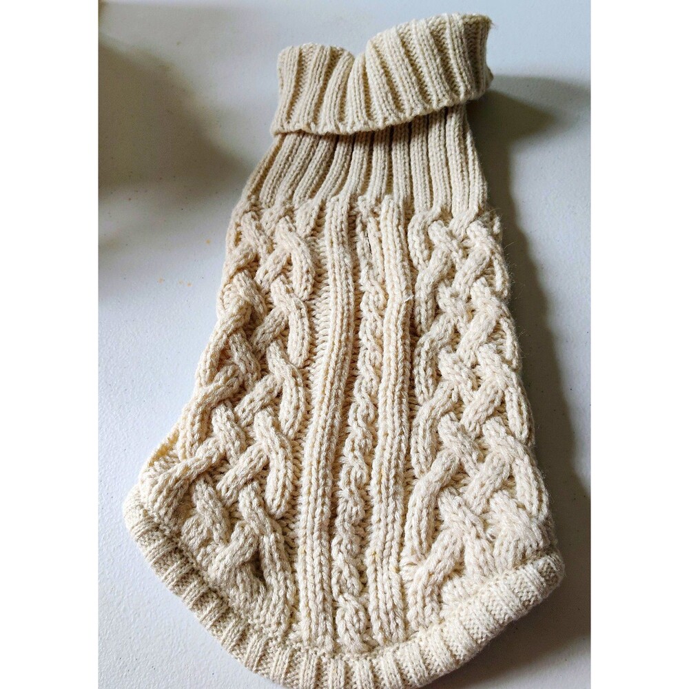 Beige Cable Knit Dog Sweater, Warm Winter Style, XXS/XS Acrylic